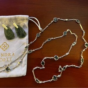 Kendra Scott long necklace and earrings, gold and green